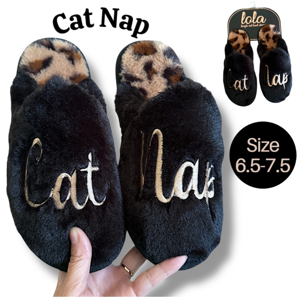 Women Slippers, New House Shoes, Black Brown Gold Embroidered Cat Nap Slippers